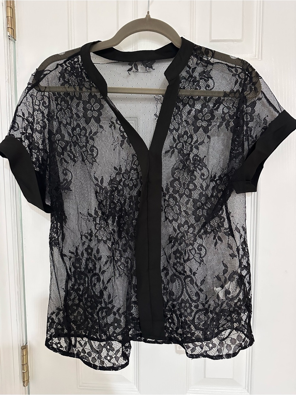SHEIN Black Floral Lace Short Sleeve Blouse